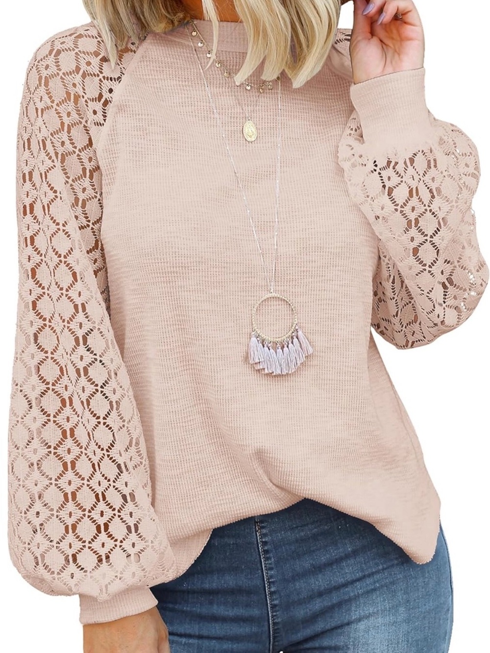 NWT Blush Lace Sleeve Waffle Knit Top – Boutique Style – Size Large